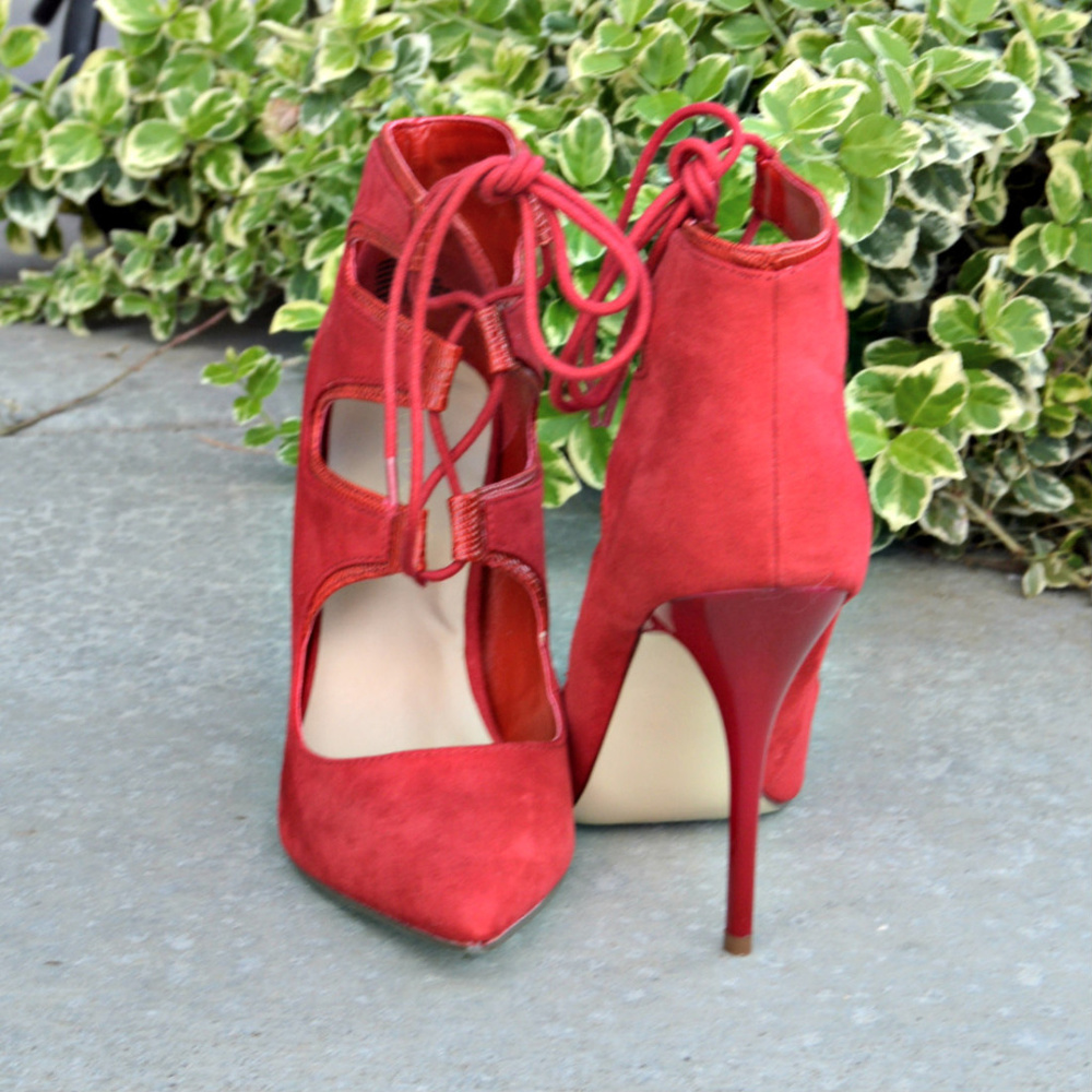 Shoedazzle Party Dress Pointed Toe Lace Up Cut Out Red Booties Stiletto Heels - Picture 5 of 7